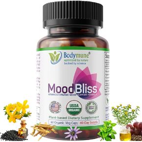 ملحق دعم مزاج مزاجية مزاجية ، Superfood Organic Organic من الولايات المتحدة الأمريكية للتخفيف من الإجهاد ، العقل الهادئ والجسم مع نبتة Rhodiola Ashwagandha Valerian وأكثر من 60 CT