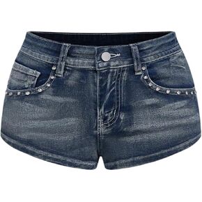 Makemechic Women's Y2K Denim Shorts Rhinestone Sparkly Punk Gothic Jean Shorts