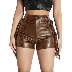 OYOANGLE Women's PU Leather Elastic High Waist Fringe Shorts Party Skinny Straight Leg Shorts