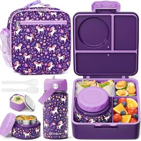 Fimibuke Kids Bento Lunch Box with Thermos, Leakproof Toddler Bento Box with 8.5 OZ Insulated Food Jar, Lunch Bag, Kids Water Bottle, 3 or 4 Compartment Container for Back to School Toddler Girls Boys