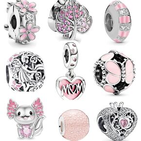 9 Pack Silver Bead Charms for Pandora Bracelets and Necklaces Charm for Woman Cubic Zirconias Dangle Pendant Jewelry Beads Set