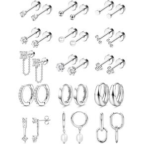 LOLIAS Flat Back Earrings for Women Hypoallergenic Surgical Steel Earrings for Sensitive Ears-20G Cartilage Earring Stacks Gold Hoops Flatback Stud Earring Sets for Multiple Piercing