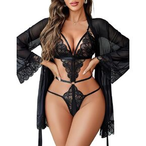 Avidlove Women Sexy Lingerie Set 2 Piece Lace Teddy with Mesh Kimono Robe Bodysuit Nightgown