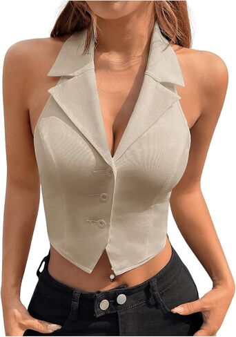 SOLY HUX Women's Halter V Neck Vest Button Down Backless Crop Tank Tops Sleeveless Blazer Waistcoat in Saudi Arabia
