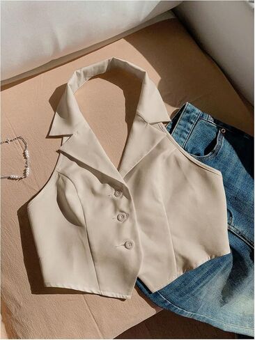 SOLY HUX Women's Halter V Neck Vest Button Down Backless Crop Tank Tops Sleeveless Blazer Waistcoat in Saudi Arabia