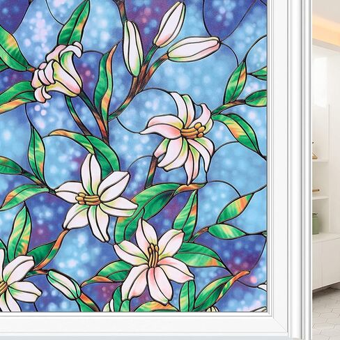 Coavas Decorative Window Privacy Film, Heat Control Sun Blocking Stained Glass Window Film, Floral Design Static Cling, Non Adhesive Windows Tint for Bathroom Front Door(Vinyl, 17.5" x 78.7 ") in Kuwait