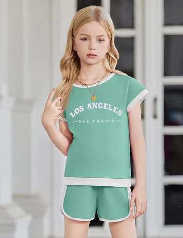 Arshiner Girls Summer Outfits 2 قطعة ملابس ملونة بلوك إسقاط كتف الأكمام أعلى ومجموعات قصيرة غير رسمية Activewear in Saudi Arabia