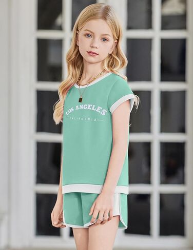 Arshiner Girls Summer Outfits 2 قطعة ملابس ملونة بلوك إسقاط كتف الأكمام أعلى ومجموعات قصيرة غير رسمية Activewear in Saudi Arabia