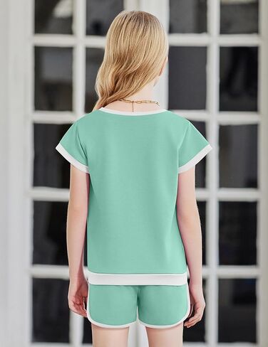 Arshiner Girls Summer Outfits 2 قطعة ملابس ملونة بلوك إسقاط كتف الأكمام أعلى ومجموعات قصيرة غير رسمية Activewear in Saudi Arabia