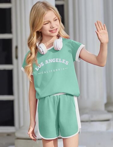 Arshiner Girls Summer Outfits 2 قطعة ملابس ملونة بلوك إسقاط كتف الأكمام أعلى ومجموعات قصيرة غير رسمية Activewear in Saudi Arabia