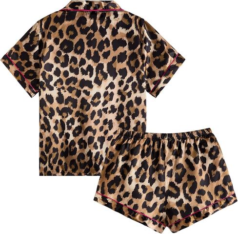 Women's 2 Piece Stain Pajama Set Leopard Button Front Short Sleeve Cheetah Collar Shirt and Shorts Sleepwear Set Pjs in Saudi Arabia