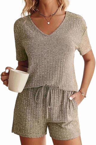 Ekouaer Womens Ribbed Knit Lounge Set Short Sleeve Top and Shorts Sleepwear Pajama Set Two Piece Shorts Outfits Set in Kuwait