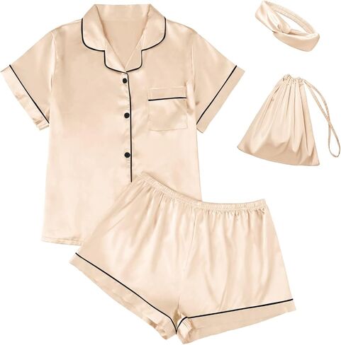LILLUSORY 4Pcs Women Silk Pajama Set Summer 2025 Satin Pjs 2 Piece Suit Lounge Scrunchies Lady Sleepwear Matching Clothing in Saudi Arabia