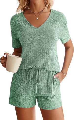 Ekouaer Womens Ribbed Knit Lounge Set Short Sleeve Top and Shorts Sleepwear Pajama Set Two Piece Shorts Outfits Set in Kuwait