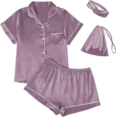LILLUSORY 4Pcs Women Silk Pajama Set Summer 2025 Satin Pjs 2 Piece Suit Lounge Scrunchies Lady Sleepwear Matching Clothing in Saudi Arabia