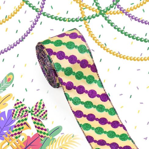 Mardi Gras Fabric Ribbons Mardi Gras Burlap Linen Ribbons Glitter Flower De Luce Edge Wired Decor Ribbons for Lundi Gras Party Carnival Parades Gift Wrapping Fat Tuesday Decoration Supplies 10 Yards in Kuwait