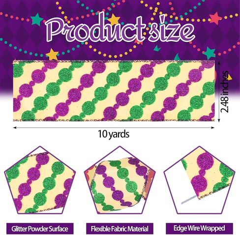 Mardi Gras Fabric Ribbons Mardi Gras Burlap Linen Ribbons Glitter Flower De Luce Edge Wired Decor Ribbons for Lundi Gras Party Carnival Parades Gift Wrapping Fat Tuesday Decoration Supplies 10 Yards in Kuwait