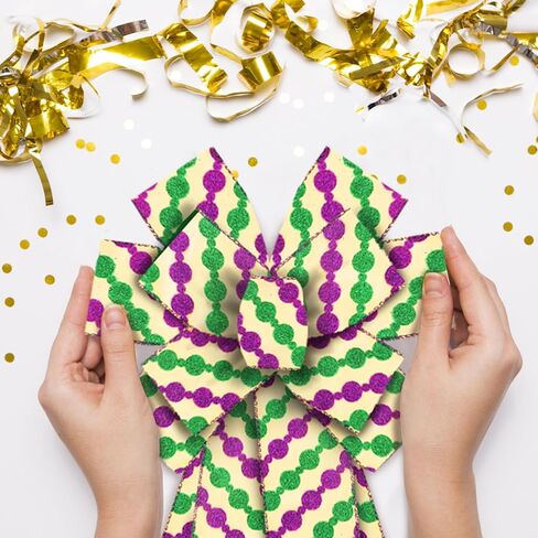 Mardi Gras Fabric Ribbons Mardi Gras Burlap Linen Ribbons Glitter Flower De Luce Edge Wired Decor Ribbons for Lundi Gras Party Carnival Parades Gift Wrapping Fat Tuesday Decoration Supplies 10 Yards in Kuwait