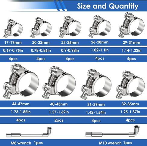 smseace 4 قطع 23-25 ​​مم T مشابك خرطوم من الفولاذ المقاوم للصدأ 304 مشابك T-bolt مع مفتاح ربط M8 تستخدم في الصناعة والسيارات والسفن والآلات مشابك خرطوم شديدة التحمل in Saudi Arabia