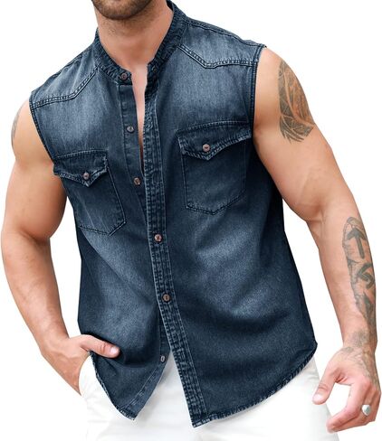 Ryannology Mens Denim Sleeveless Shirts Cowboy Jean Vest Casual Button Down Slim Fit Work Cotton Tops with Pockets in Kuwait