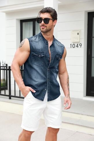 Ryannology Mens Denim Sleeveless Shirts Cowboy Jean Vest Casual Button Down Slim Fit Work Cotton Tops with Pockets in Kuwait