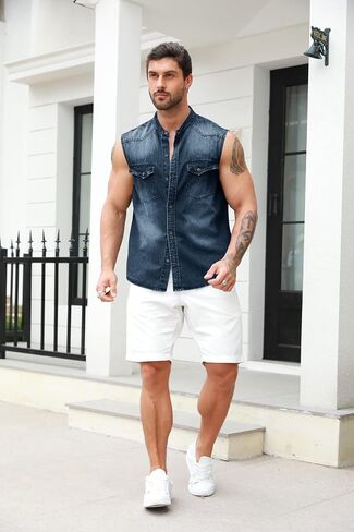 Ryannology Mens Denim Sleeveless Shirts Cowboy Jean Vest Casual Button Down Slim Fit Work Cotton Tops with Pockets in Kuwait