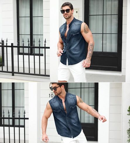 Ryannology Mens Denim Sleeveless Shirts Cowboy Jean Vest Casual Button Down Slim Fit Work Cotton Tops with Pockets in Kuwait