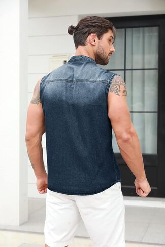 Ryannology Mens Denim Sleeveless Shirts Cowboy Jean Vest Casual Button Down Slim Fit Work Cotton Tops with Pockets in Kuwait
