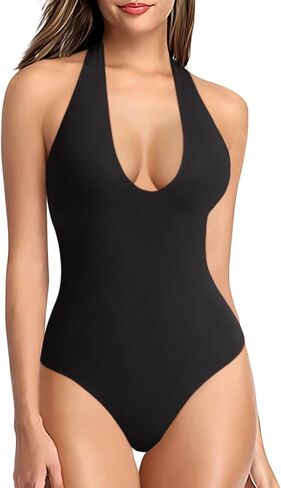 REORIA Bodysuits for Women Halter Tops 2025 Summer V Neck Backless Body Suits Tank Top Trendy Fashion Clothing in Kuwait