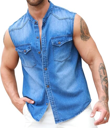 Ryannology Mens Denim Sleeveless Shirts Cowboy Jean Vest Casual Button Down Slim Fit Work Cotton Tops with Pockets in Kuwait