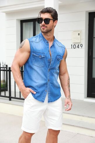 Ryannology Mens Denim Sleeveless Shirts Cowboy Jean Vest Casual Button Down Slim Fit Work Cotton Tops with Pockets in Kuwait