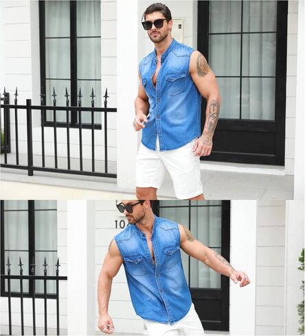 Ryannology Mens Denim Sleeveless Shirts Cowboy Jean Vest Casual Button Down Slim Fit Work Cotton Tops with Pockets in Kuwait