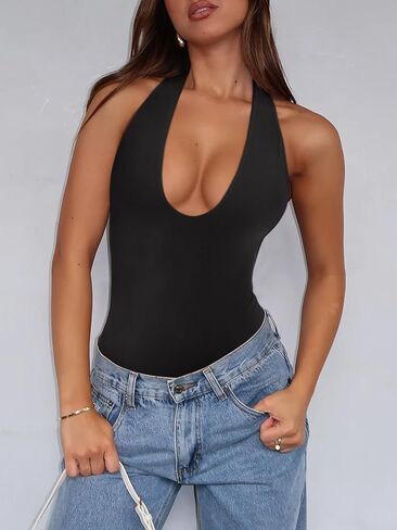 REORIA Bodysuits for Women Halter Tops 2025 Summer V Neck Backless Body Suits Tank Top Trendy Fashion Clothing in Kuwait