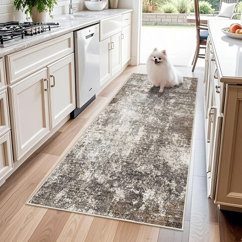 3x6 Non-Slip Washable Entryway Rug - Stain-Resistant Low-Pile Thin Wide Carpet Runner for Kitchen, Hallway, Bathroom | Modern Neutral Abstract(Brown Beige,3x6) in Saudi Arabia