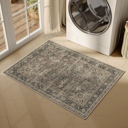 2x6 Washable Brown Vintage Runner Rug for Kitchen Hallway Non-Slip Low Pile Soft Thin Carpet Traditional Retro Distressed Accent Throw Rug for Entryway Bathroom Indoor Bedroom in Kuwait