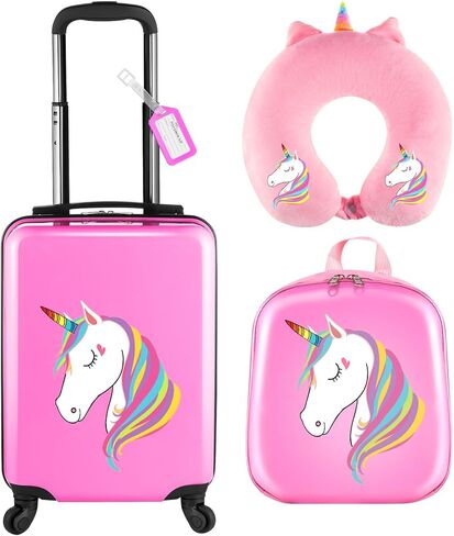 Sanwuta 4 PCS Kids Luggage مجموعة حقيبة سفر على ظهره مع عجلات مع عجلات وسادة الأطفال هدية للفتيات الفتيات (17 بوصة ، نمط ذيل حورية البحر ، الأرجواني الأزرق) in Kuwait