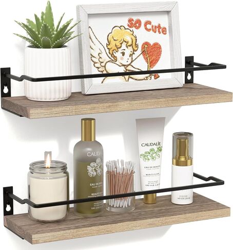 RICHER HOUSE Bathroom Shelves, Guard-Rail Floating Shelves for Wall, Wall Mounted Shelves Set of 2, Cute Bathroom Wall Organizer Decor, Over Toilet Storage Small Shelf for Kitchen - Carbonized Black in Saudi Arabia