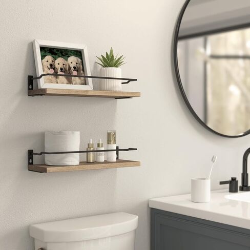 RICHER HOUSE Bathroom Shelves, Guard-Rail Floating Shelves for Wall, Wall Mounted Shelves Set of 2, Cute Bathroom Wall Organizer Decor, Over Toilet Storage Small Shelf for Kitchen - Carbonized Black in Saudi Arabia