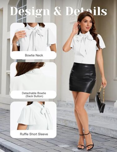 Bbonlinedress Womens Bow Tie Neck Button Down Shirts Short Sleeve Summer Office Tops Dressy Casual Business Work Blouses in Saudi Arabia