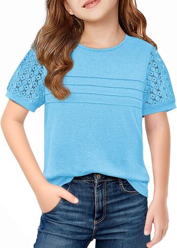 فتيات هالومونينغ قصير الأكمام تي القمصان الأطفال الصيفية الدانتيل الطاقم قمم أزياء المحملات المطوية 5-14 سنة in Kuwait