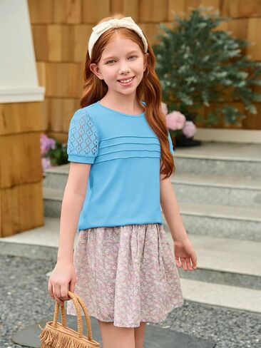 فتيات هالومونينغ قصير الأكمام تي القمصان الأطفال الصيفية الدانتيل الطاقم قمم أزياء المحملات المطوية 5-14 سنة in Kuwait