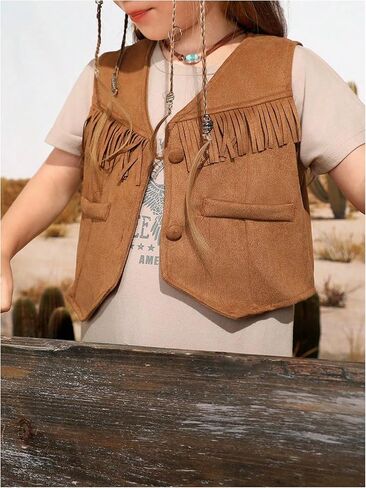 Verdusa Girl's Western Fringe Crop Vest 70s Hippie Boho Tassels Cowgirl Jacket in Kuwait