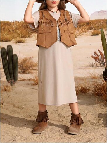Verdusa Girl's Western Fringe Crop Vest 70s Hippie Boho Tassels Cowgirl Jacket in Kuwait