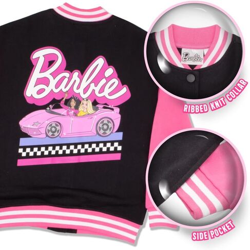 Barbie Girls Varsity Button-Up Bomber Jacket - Fashion Fleece Jacket with Convertible Car Design for Kids in Saudi Arabia