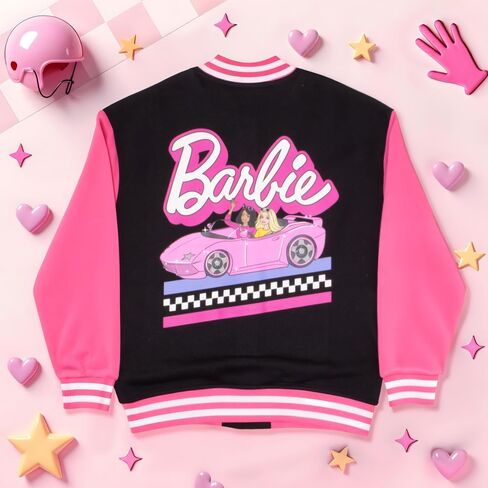 Barbie Girls Varsity Button-Up Bomber Jacket - Fashion Fleece Jacket with Convertible Car Design for Kids in Saudi Arabia