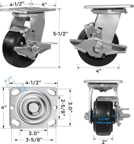 Heavy Duty Caster Wheels, 5" Industrial Casters with Load 800lbs Capacity, Wheels for Trash/Garbage Can,Toolbox,Dolly (5 INCH, 1 Pack Brake) in Kuwait