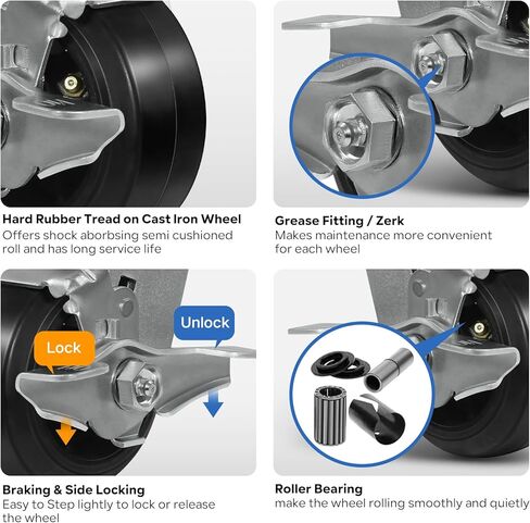 Heavy Duty Caster Wheels, 5" Industrial Casters with Load 800lbs Capacity, Wheels for Trash/Garbage Can,Toolbox,Dolly (5 INCH, 1 Pack Brake) in Kuwait