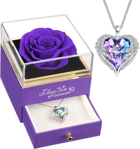 NEWNOVE Preserved Real Purple Rose with Angle Wings Necklace, Mothers Day Flowers Gifts for Mom Grandma Wife Girlfriend, I Love You Gifts for Her, Anniversary or Birthday Gifts for Women in Saudi Arabia