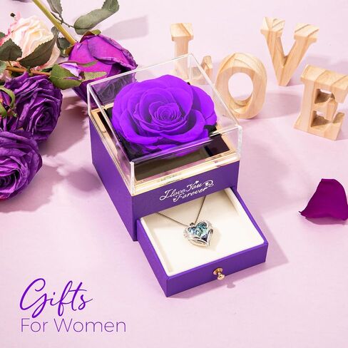 NEWNOVE Preserved Real Purple Rose with Angle Wings Necklace, Mothers Day Flowers Gifts for Mom Grandma Wife Girlfriend, I Love You Gifts for Her, Anniversary or Birthday Gifts for Women in Saudi Arabia