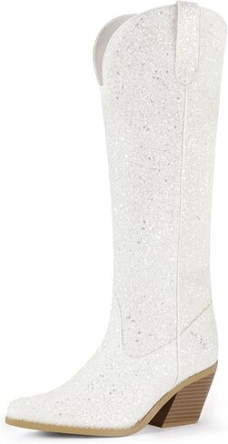 IDIFU IN3 Sparkly Cowboy Cowgirl Boots for Women Knee High Tall Long Glitter Dress Low Chunky Block Heel Sequin Sparkle Wedding Party Date Bride Ladies Bling Shiny Boots in Kuwait